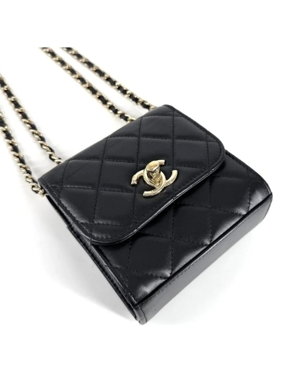 Chanel Shoulder Bag Crossbody CC Logo Quilted Chain Lambskin Black Gold Vintage